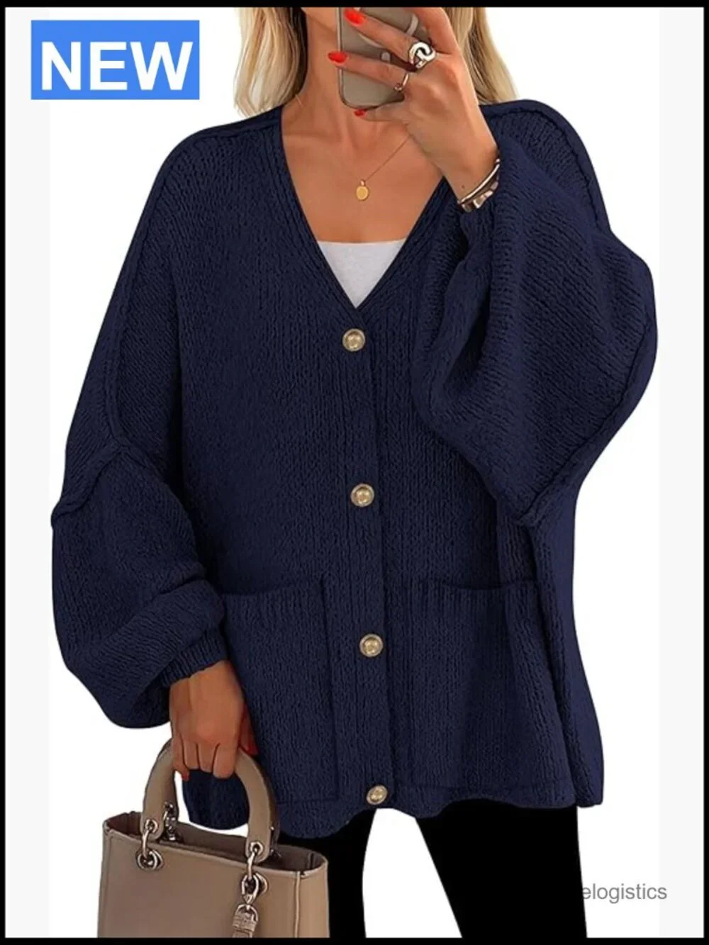 Chunky Knit V-Neck Cardigan with Pockets Open Front Lantern Sleeve